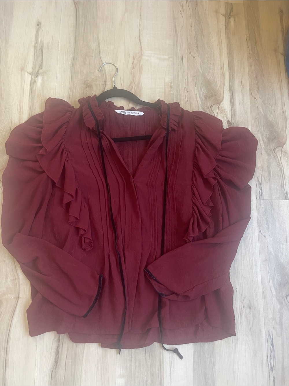 Zara Burgundy Ruffle Tie-Front Blouse
